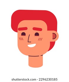 Encantado de alegría, joven que levanta cejas con la cabeza de un personaje de vector semi plano. Hombre sonriente. Icono de avatar de caricatura editable. Enfrentar la emoción. Ilustración de puntos coloridos para diseño gráfico web y animación