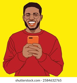 Thrilled man in a red sweater smiling brightly while reading his phone emails.