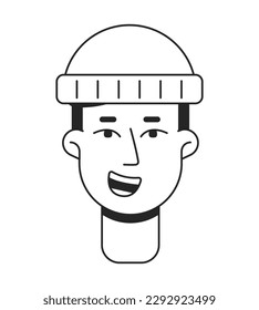 Thrilled man with wool beanie flat line monochromatic vector character head. Simple outline avatar icon. Editable cartoon user portrait. Lineart spot illustration for web graphic design and animation