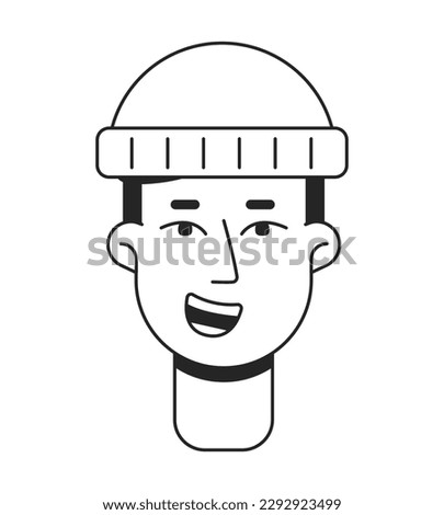 Thrilled man with wool beanie flat line monochromatic vector character head. Simple outline avatar icon. Editable cartoon user portrait. Lineart spot illustration for web graphic design and animation