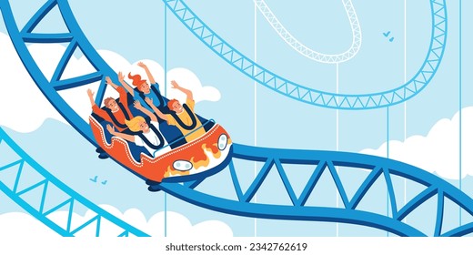 Thrilled people riding roller coaster in amusement park flat vector illustration