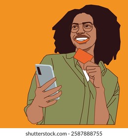 A thrilled young woman joyfully holding a credit card and smartphone, radiating excitement and enthusiasm.