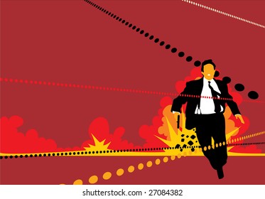 Thriller Man In Suit Holding A Gun Run Away From Explosion And Bullets.