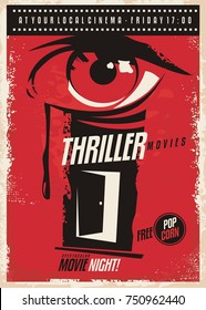 Thriller Movies Marathon Retro Poster Design Idea. Film And Cinema Movie Poster With Eye Graphic And Mystic Room Door. Vector Illustration.