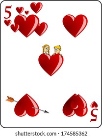 A thrilling, funny card 5 hearts. Vector image, isolated on white background, eps10, vector art image illustration
