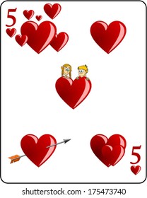 A thrilling, funny card 5 hearts. Vector image. Isolated on white backround
