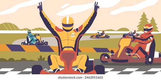 Thrilling Moment Of A Go-kart Race, Featuring Drivers In Colorful Racing Suits And Helmets, Cartoon Vector Illustration