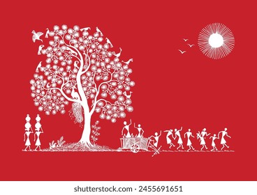 Thriving Beneath the Banyan: A Vibrant Warli Tapestry of Rural Life. Warli art, Rural life India, Indian village art, Folk art India, Tree of life.