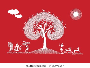 Thriving Beneath the Banyan: A Vibrant Warli Tapestry of Rural Life. Warli art, Rural life India, Indian village art, Folk art India, Tree of life.