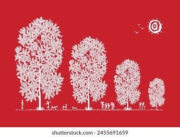 Thriving Beneath the Banyan: A Vibrant Warli Tapestry of Rural Life. Warli art, Rural life India, Indian village art, Folk art India, Tree of life.