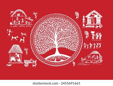 Thriving Beneath the Banyan: A Vibrant Warli Tapestry of Rural Life. Warli art, Rural life India, Indian village art, Folk art India, Tree of life.