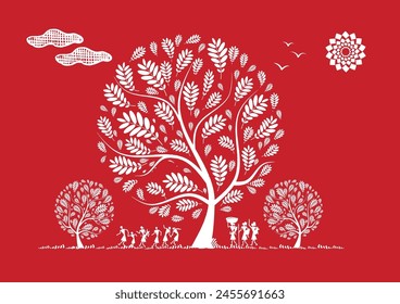 Thriving Beneath the Banyan: A Vibrant Warli Tapestry of Rural Life. Warli art, Rural life India, Indian village art, Folk art India, Tree of life.