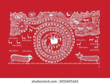 Thriving Beneath the Banyan: A Vibrant Warli Tapestry of Rural Life. Warli art, Rural life India, Indian village art, Folk art India, Tree of life.