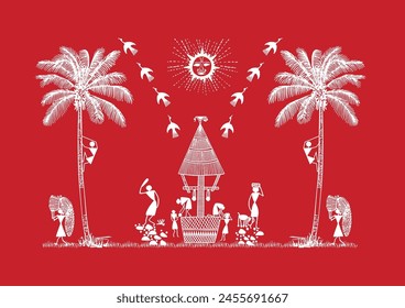 Thriving Beneath the Banyan: A Vibrant Warli Tapestry of Rural Life. Warli art, Rural life India, Indian village art, Folk art India, Tree of life.