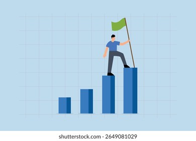 thriving entrepreneur ascends the peak of the growth bar graph to strike the victory banner. 