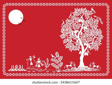 Gemeinsam gedeihen: Eine lebendige Warli-Darstellung des ländlichen Lebens mit einem Baum. In: Whispers in the Leaves: A Handpainted Warli Journey - Tree, Indian Village Life. Stammeskunst, Landleben in Indien.