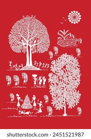 Thriving Together: A Vibrant Warli Tapestry of Rural Life and the Sheltering Tree. Warli art, Rural life India, Indian village art, Folk art India, Tree of life.