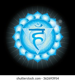 Throat Chakra (Vissudha).  Glowing chakra icon . The concept of chakras used in Hinduism, Buddhism and Ayurveda. For design, associated with yoga and India. Vector illustrated