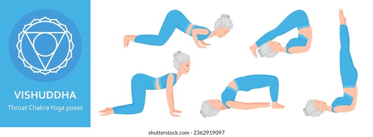 Throat Chakra Yoga poses. Elderly woman practicing Vishudha Chakra Yoga asana. Healthy lifestyle. Flat cartoon character. Vector illustration
