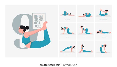 Throat Chakra Yoga Pose. Junge Frau, die Yoga-Pose praktiziert. Frauen trainieren Fitness, Aerobic und Übungen. Vektorgrafik.