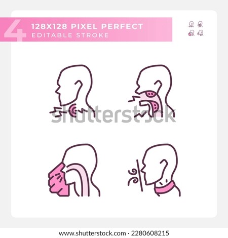 Throat diseases types pixel perfect RGB color linear icons set. Early diagnostics of dangerous problem. Hazard prevention. Isolated vector illustration. Simple filled line drawing. Editable stroke