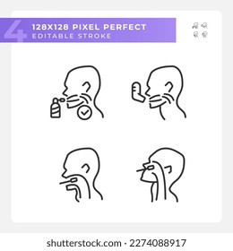 Throat examination and inhalation pixel perfect linear icons set. Disease diagnostic. Medical service. Customizable thin line symbols. Isolated vector outline illustrations. Editable stroke