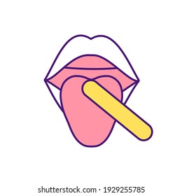 Throat examination RGB color icon. Laryngoscopy. Oral cavity inspection and palpation. Larynx and throat close-up view. Diagnosing and treating diseases. Physical exam. Isolated vector illustration