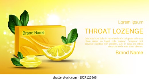 Throat lozenge, lemon cough drops mock up banner. Sore larynx pain remedy package with citrus slices design for medicine promo advertising, flavored medical candies. Realistic 3d vector illustration