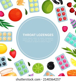 Throat lozenges banner template. Advertising, packaging design. Sore throat remedy flavored of different tastes vector illustration