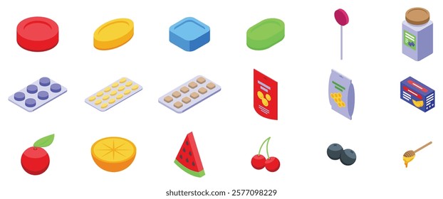 Throat lozenges icons set. Set of colorful isometric icons representing different types of pastilles, lozenges, tablets and healthy food ingredients, providing soothing relief for sore throats