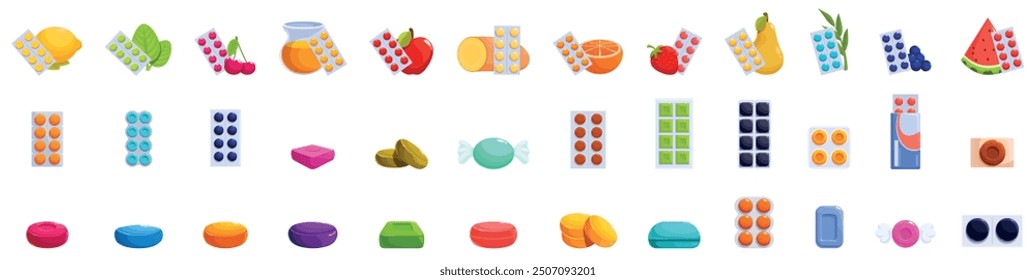 Conjunto de iconos de pastillas para la garganta. Grande conjunto de varias vitaminas y suplementos dietéticos en ampollas y frutas frescas que simbolizan un estilo de vida saludable