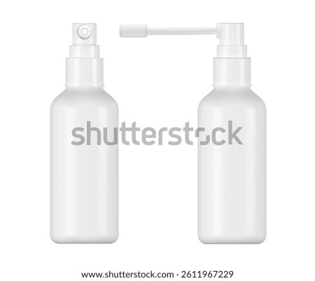 Throat spray 3d bottle with pump and nozzle, nasal container mockup, blank packaging template for cosmetic, medical dispenser, or cleaning solution on white background.