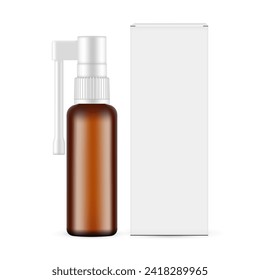 Throat Spray Amber Bottle With Paper Box, Front View, Isolated On White Background. Vector Illustration