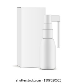 Throat spray bottle with paper box mockup isolated on white background. Vector illustartion