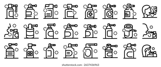 Throat spray icons set. Maintaining oral hygiene and soothing sore throats with various throat sprays and mouth sprays