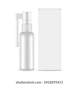 Throat Spray Plastic Bottle With Packaging Box, Front View, Isolated On White Background. Vector Illustration