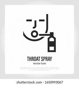 Throat spray thin line icon. Medical treatment for pain in throat with cold, flu, influenza, grippe. Healthcare and medical vector illustration.