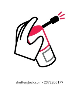 Throat spray, treatment for cold or flu, sore throat. The hand holds the jar and sprays the product. Vector simple doodle style, illustration, outline icon.