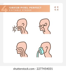 Throat treatment pixel perfect RGB color icons set. Infections spreading prevention. Patients with diseases. Isolated vector illustration. Simple filled line drawing. Editable stroke