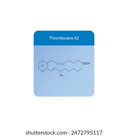 Thromboxane A2 skeletal structure diagram.Prostanoid compound molecule scientific illustration on blue background.