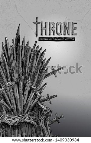 Throne  hand drawn. Antique swords or metal blades. Ceremonial chair built of weapon. Beautiful fantasy design element. Vector illustration. Isolated on gray background.