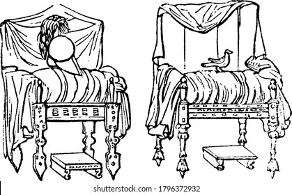 Throne are higher, larger and accompanied by a footstool. The cut shows two gilded thrones with cushions and drapery, with helmet on the one and the dove on the other, vintage line drawing
