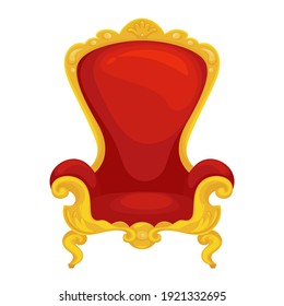 Throne king with gold armrest and legs cartoon red icon. Seignorial expensive rich chair. Armchair luxury. Single seater sofa with ornament. Furniture item. Vector throne isolated on white.