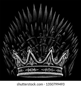 The throne of kings and crown and cold weapons of the Middle Ages and swords or T-shirt design or outwear. Hunting swords of king background. The throne of kings and crown and cold weapons of the Middle Ages and swords or T-shirt design or outwear. Hunting swords of king background.