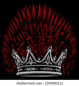 The throne of kings and crown and cold weapons of the Middle Ages and swords or T-shirt design or outwear. Hunting swords of king background. The throne of kings and crown and cold weapons of the Middle Ages and swords or T-shirt design or outwear. Hunting swords of king background.