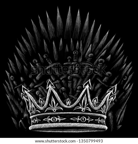 The throne of  kings and crown and cold weapons of the Middle Ages and swords or T-shirt design or outwear. Hunting swords of king background.