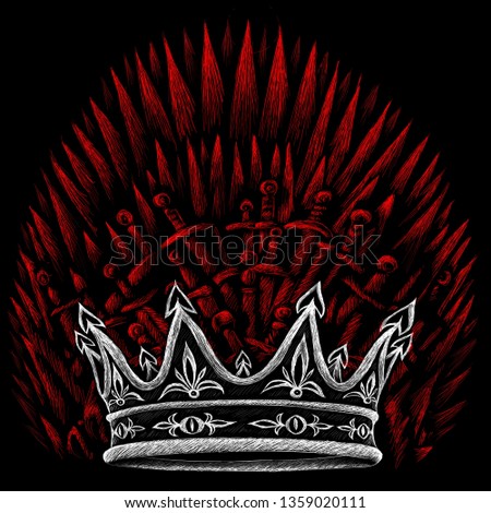 The throne of  kings and crown and cold weapons of the Middle Ages and swords or T-shirt design or outwear. Hunting swords of king background.