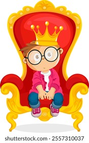 The throne is red and gold and a boy wearing a crown sits on it