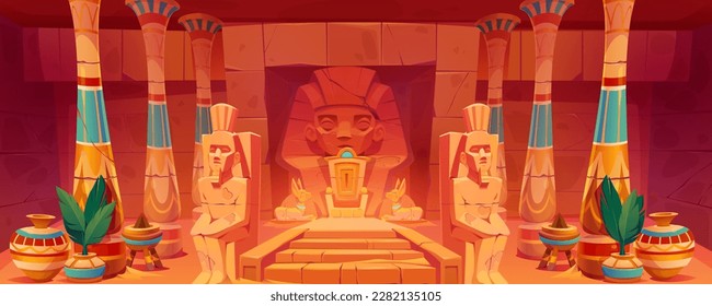 Throne room in ancient Egyptian temple. Vector cartoon illustration of antique pharaoh tomb, palace interior with hieroglyphs on stone walls, anubis and guard statues, columns, palm leaves in vases svg