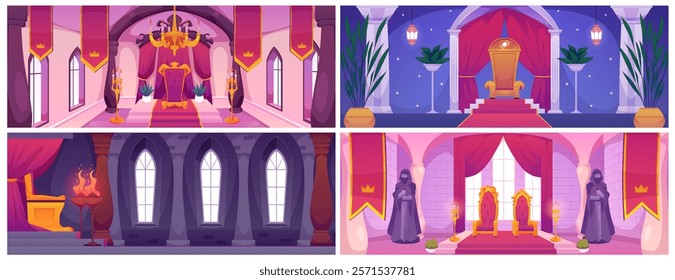 Throne room, castle or palace interior vector flat illustration set. Royal kingdom hall, medieval ballroom with queen or king throne. Cartoon red curtains, carpet, imperial armchair, candle chandelier